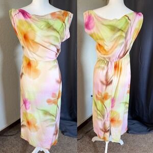 White Closet Watercolor Floral Linen Blend Midi Dress Pink Orange Green Size 10